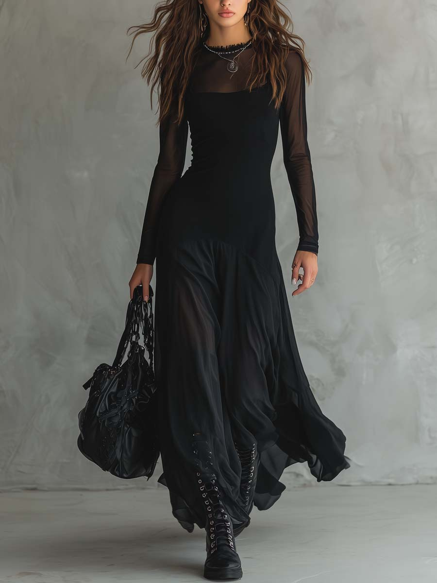 Andrea | Vestido Largo con Malla Transparente - Vega Madrid
