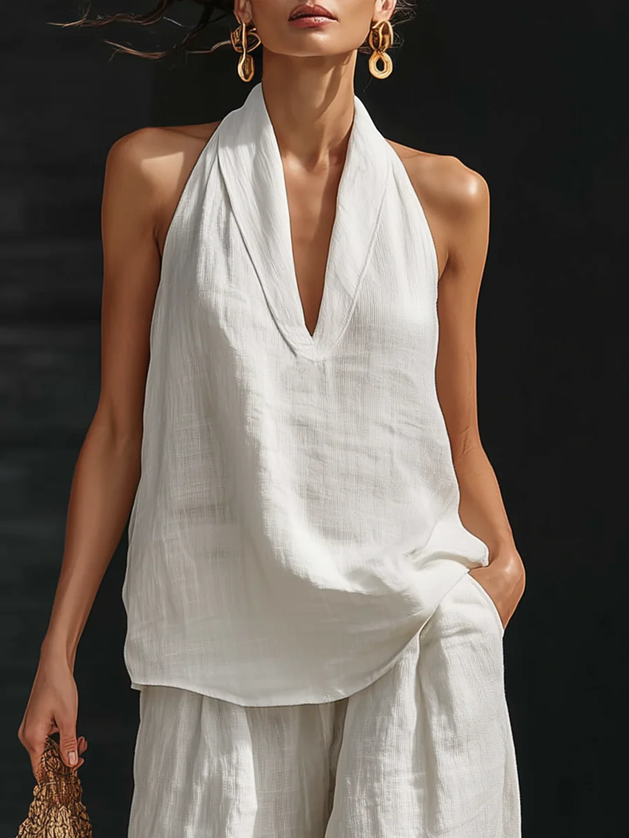 Conjunto sin mangas Ariadna de Vega Madrid con pantalones de pierna ancha, en color y estilo elegantes para mujer.