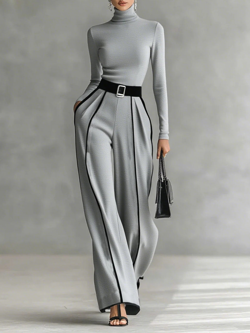 Soledad - Conjunto de camiseta de manga larga y escote con pantalones de pierna ancha y cinturon