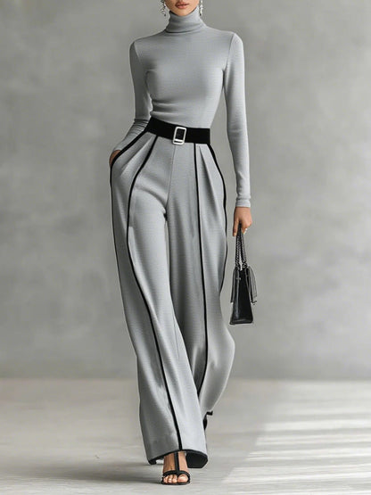 Soledad - Conjunto de camiseta de manga larga y escote con pantalones de pierna ancha y cinturon