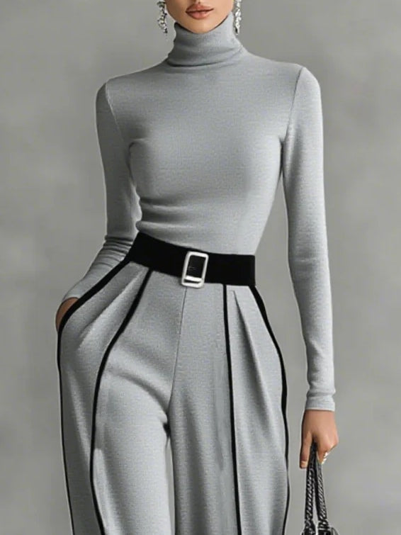 Soledad - Conjunto de camiseta de manga larga y escote con pantalones de pierna ancha y cinturon