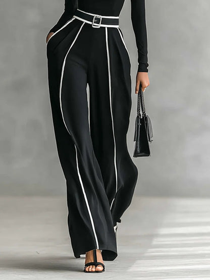Soledad - Conjunto de camiseta de manga larga y escote con pantalones de pierna ancha y cinturon