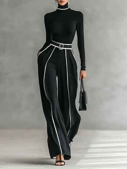 Soledad - Conjunto de camiseta de manga larga y escote con pantalones de pierna ancha y cinturon