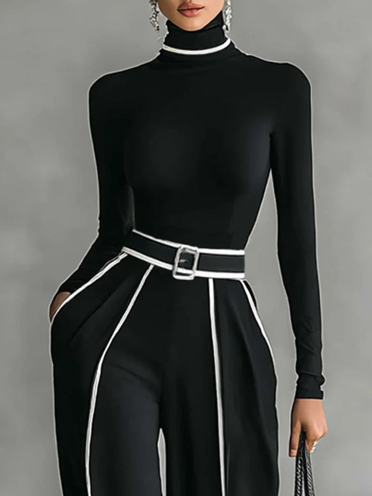 Soledad - Conjunto de camiseta de manga larga y escote con pantalones de pierna ancha y cinturon