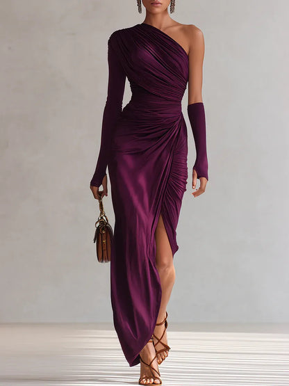 Rosalía - Elegante vestido largo morado de un solo hombro