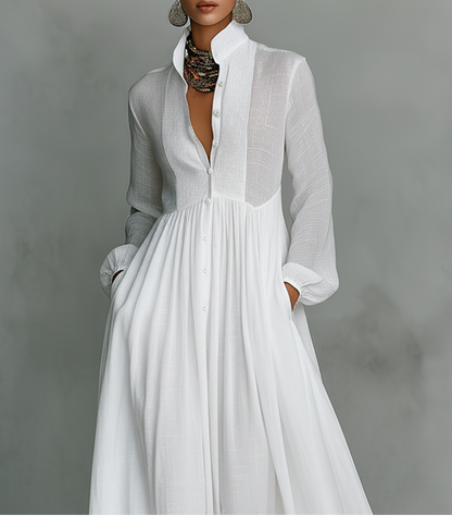 Elisa - Maxi minimalista de algodón y lino , cuello alto y mangas largas
