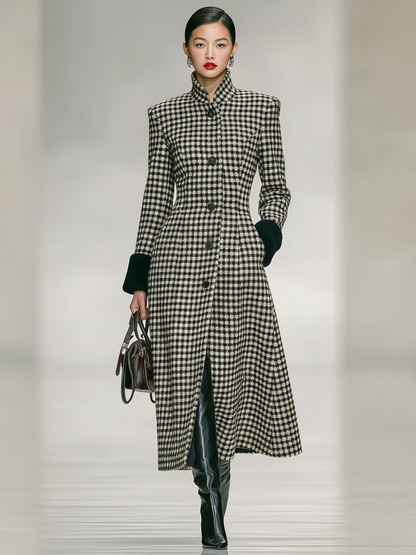 Abrigo largo con motivo chevrón en mezcla tweed con cuello alto y bajo