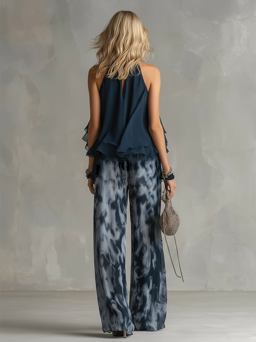 Conjunto elegante Bianca de Vega Madrid con blusa fluida y pantalón palazzo en color neutro, vista frontal en la imagen.