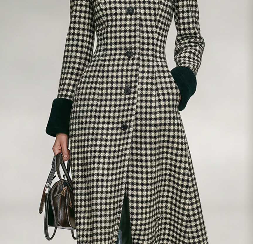 Abrigo largo con motivo chevrón en mezcla tweed con cuello alto y bajo