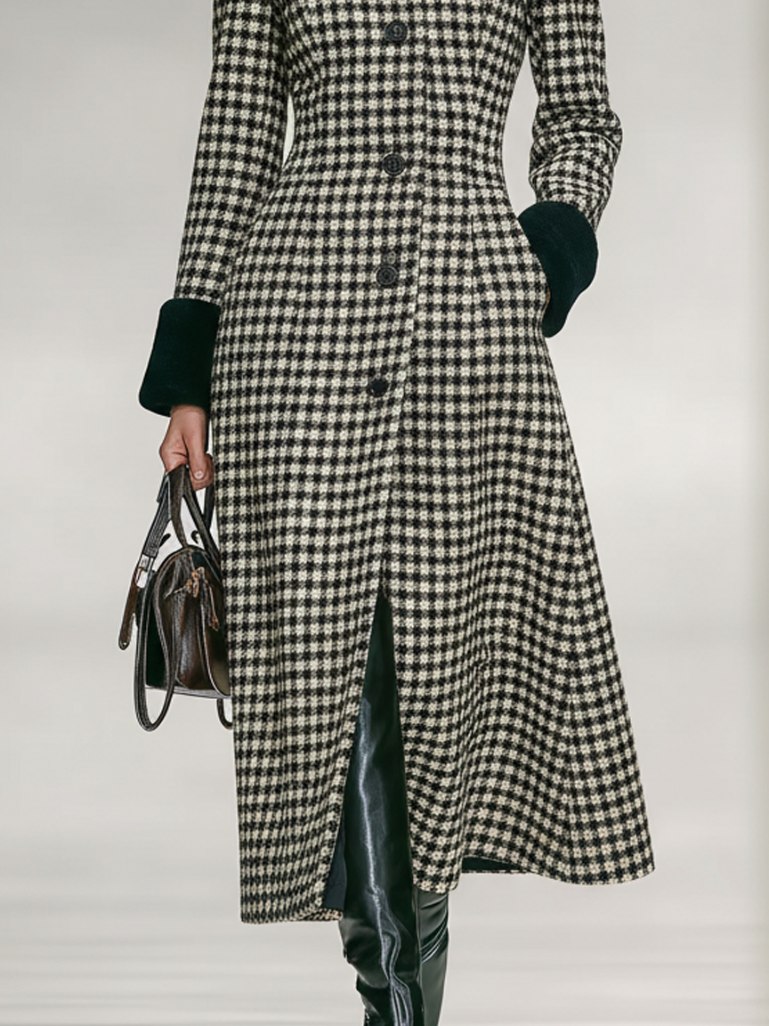 Abrigo largo con motivo chevrón en mezcla tweed con cuello alto y bajo