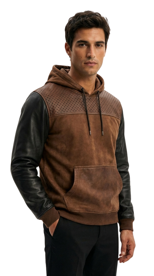 Sudadera con capucha de cuero marrón con detalles