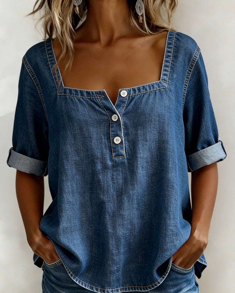 Sara™ | Camisa vaquera con cuello cuadrado