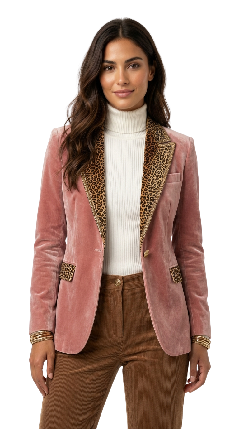 Lorena - Blazer de un boton con estampado de leopardo y costuras