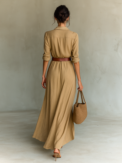 Victoria - Vestido largo de mujer con solapa, corte de una sola fila de botones, manga larga y cinturón