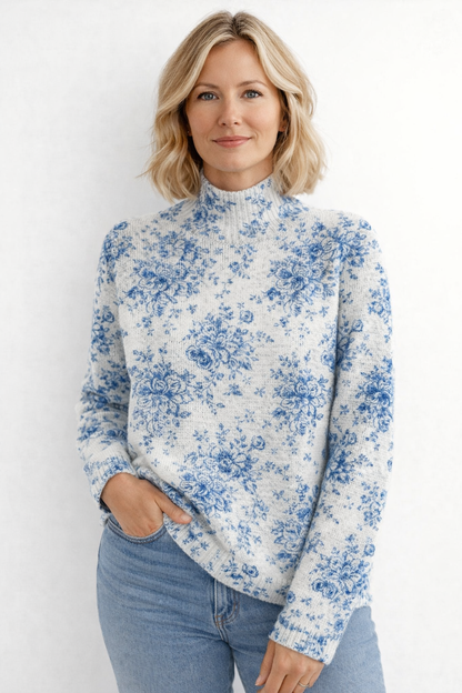Clara | Jersey Floral con Cuello Alto y Tejido Suave