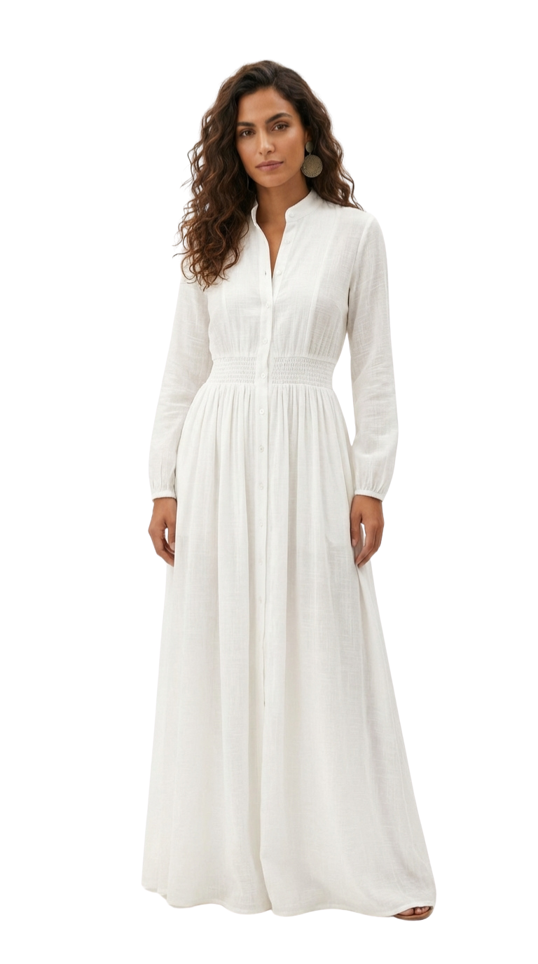 Elisa - Maxi minimalista de algodón y lino , cuello alto y mangas largas