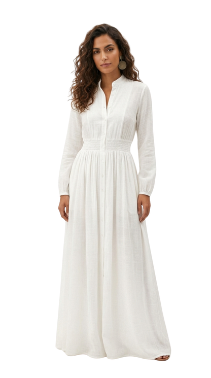 Elisa - Maxi minimalista de algodón y lino , cuello alto y mangas largas