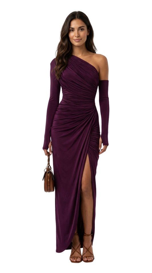 Rosalía - Elegante vestido largo morado de un solo hombro