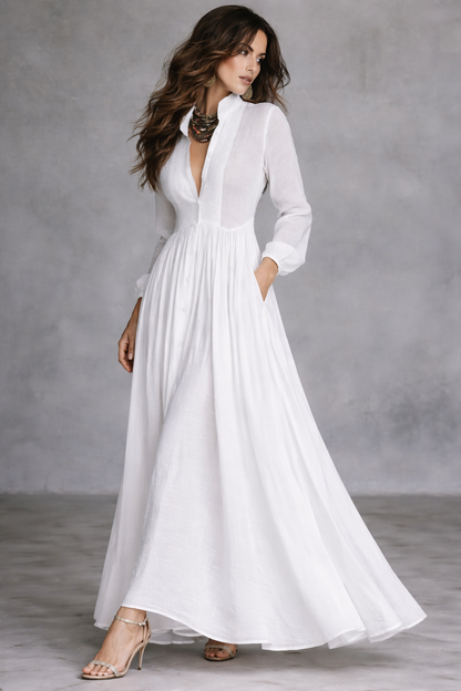 Andrea | Vestido Blanco Elegante con Escote en V y Manga Larga - Vega Madrid
